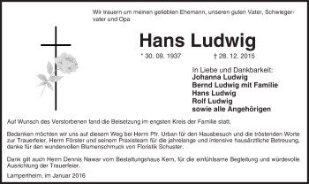 Traueranzeige von Hans Ludwig von  Bürstädter Zeitung