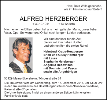 Traueranzeige von Alfred Herzberger von  Allgemeine Zeitung Mainz