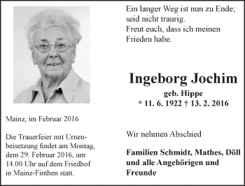 Traueranzeige von Ingeborg Jochim von  Allgemeine Zeitung Mainz