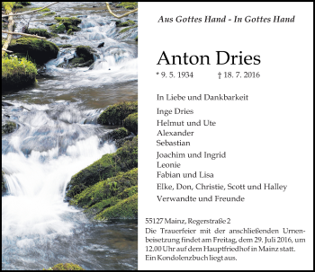 Traueranzeige von Anton Dries von Trauerportal Rhein Main Presse