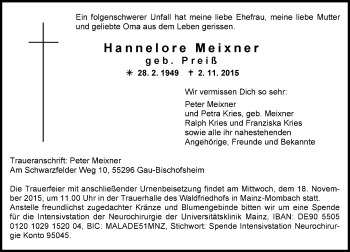 Traueranzeige von Hannelore Meixner von  Allgemeine Zeitung Mainz