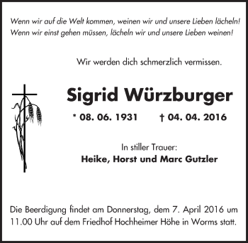 Traueranzeige von Sigrid Würzburger von  Wormser Zeitung