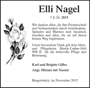 Traueranzeige von Elli Nagel von  Allgemeine  Zeitung Ingelheim-Bingen
