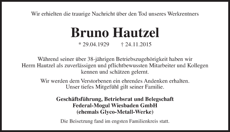  Traueranzeige für Bruno Hautzel vom 12.12.2015 aus  Wiesbaden komplett