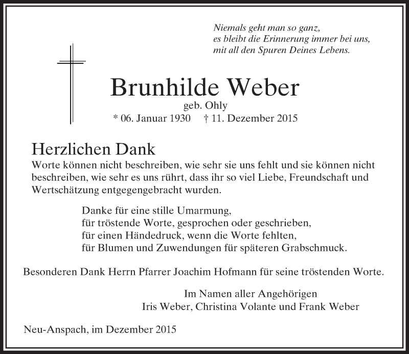  Traueranzeige für Brunhilde Weber vom 30.12.2015 aus  Usinger Anzeiger