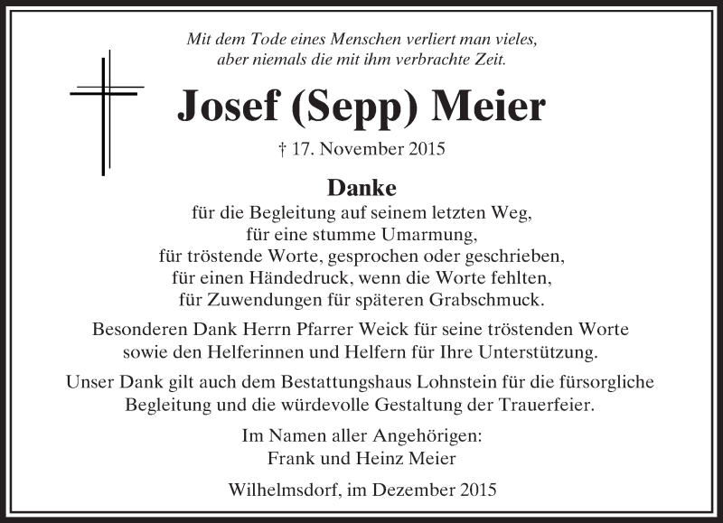  Traueranzeige für Josef Meier vom 12.12.2015 aus  Usinger Anzeiger