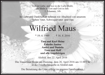 Traueranzeige von Wilfried Maus von VRM Trauer
