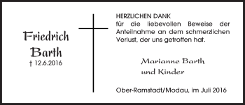 Traueranzeige von Friedrich Barth von Trauerportal Echo Online