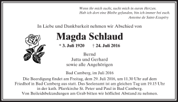 Traueranzeige von Magda Schlaud von  Camberger Anzeiger