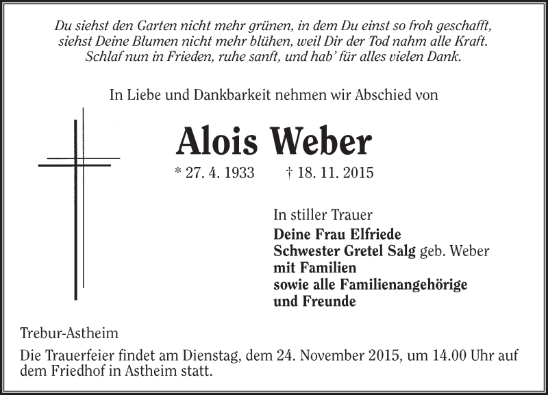  Traueranzeige für Alois Weber vom 21.11.2015 aus  Mainspitze