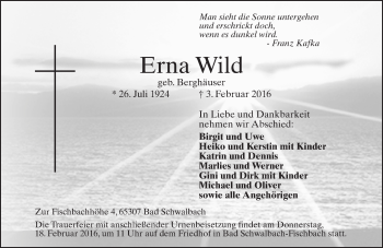 Traueranzeige von Erna Wild von  WK-UTA/Aar-Bote