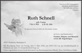 Traueranzeige von Ruth Schnell von  Wormser Zeitung