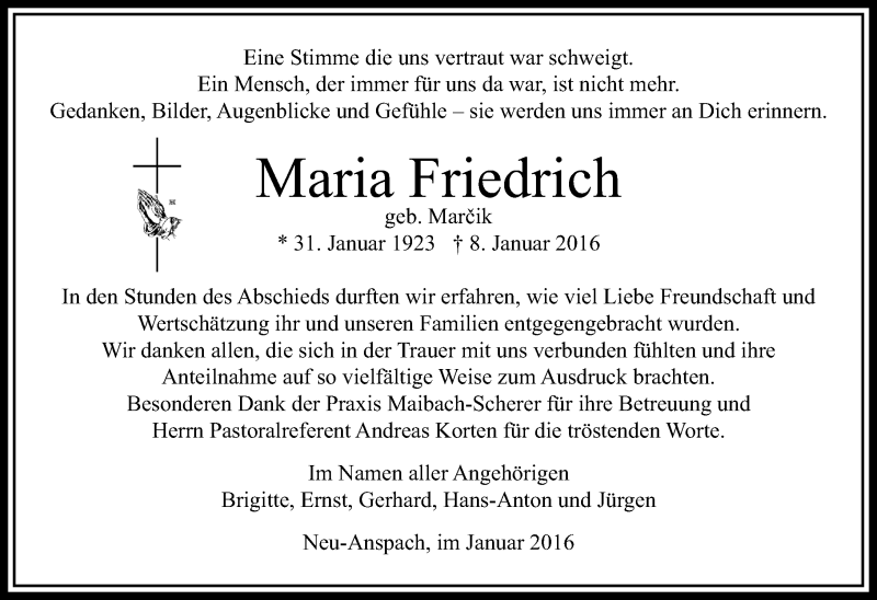  Traueranzeige für Maria Friedrich vom 30.01.2016 aus  Usinger Anzeiger