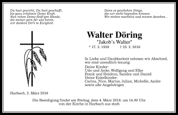 Traueranzeige von Walter Döring von  Gießener Anzeiger