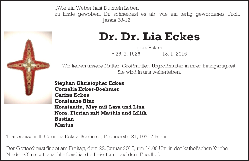  Traueranzeige für Lia Eckes vom 16.01.2016 aus  Allgemeine Zeitung Mainz
