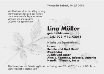 Traueranzeige von Lina Müller von Trauerportal Rhein Main Presse