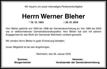 Traueranzeige von Werner Bleher von  Usinger Anzeiger