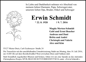 Traueranzeige von Erwin Schmidt von Trauerportal Rhein Main Presse