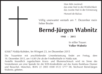 Traueranzeige von Bernd-Jürgen Wabnitz von  Kreisanzeiger