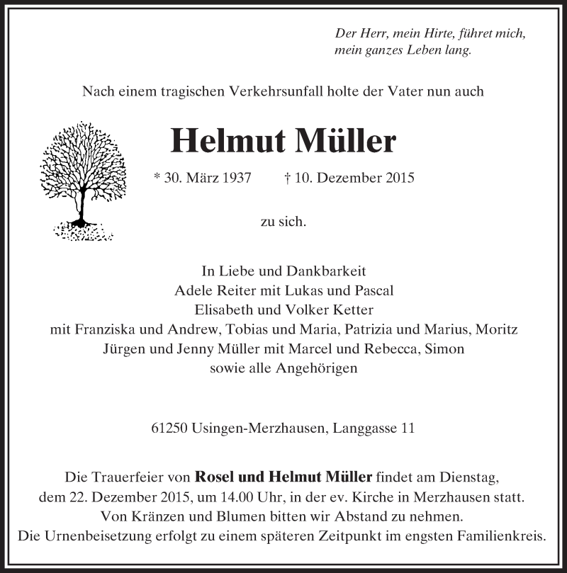  Traueranzeige für Helmut Müller vom 16.12.2015 aus  Usinger Anzeiger