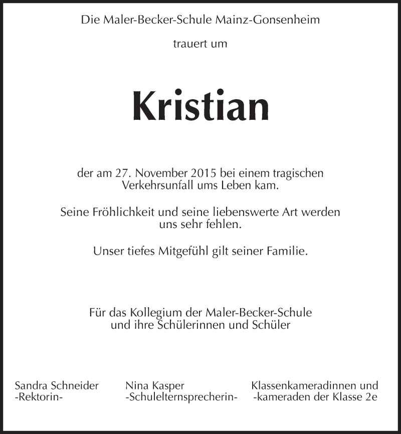  Traueranzeige für Kristian  vom 05.12.2015 aus  Allgemeine Zeitung Mainz