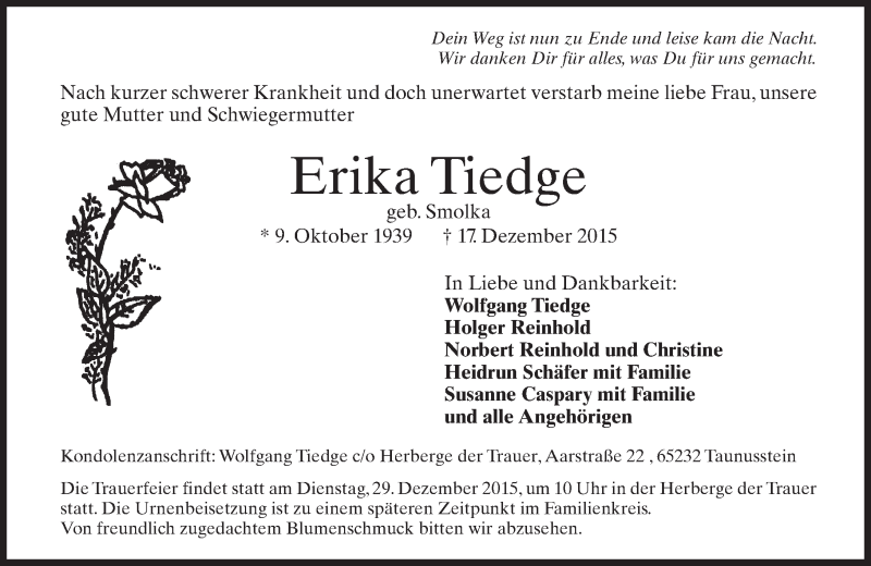  Traueranzeige für Erika Tiedge vom 23.12.2015 aus  Wiesbaden komplett
