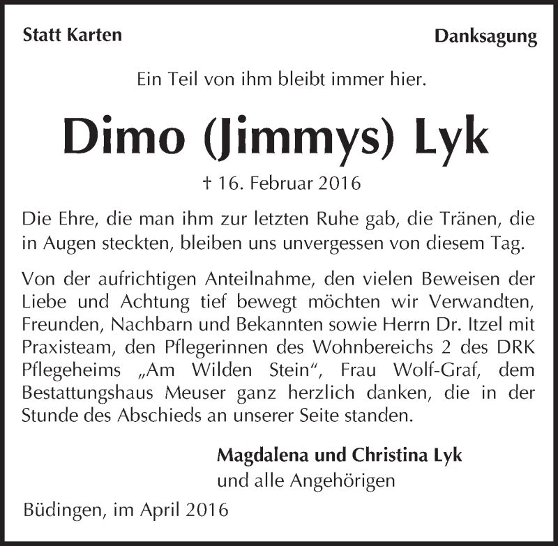  Traueranzeige für Dimo Lyk vom 09.04.2016 aus  Sonntags Anzeiger