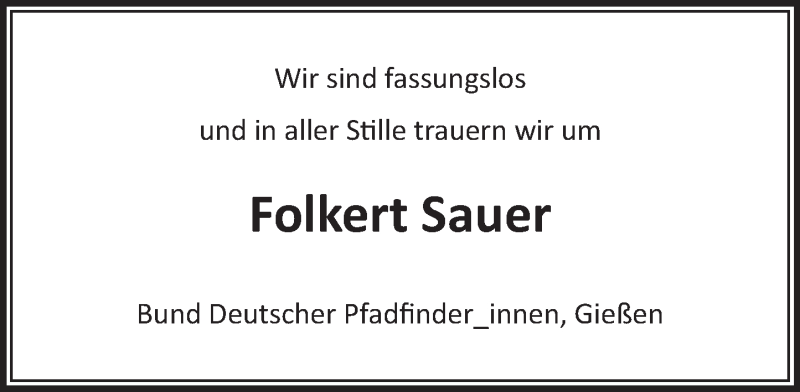 Traueranzeige für Folkert Sauer vom 16.12.2015 aus  Gießener Anzeiger