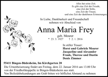 Traueranzeige von Anna Maria Frey von  Allgemeine  Zeitung Ingelheim-Bingen