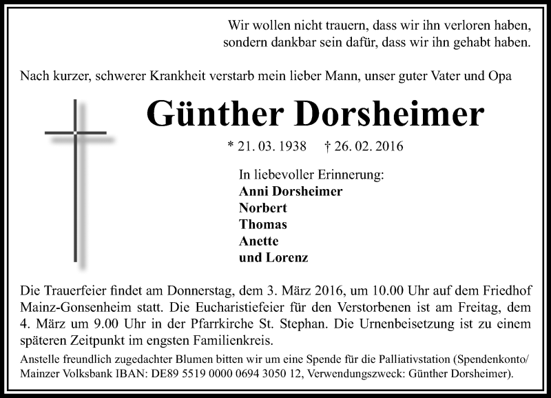  Traueranzeige für Günther Dorsheimer vom 29.02.2016 aus  Allgemeine Zeitung Mainz