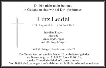 Traueranzeige von Lutz Leidel von  Usinger Anzeiger