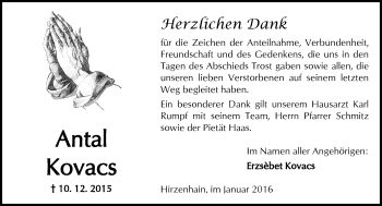 Traueranzeige von Antal Kovacs von  Sonntags Anzeiger