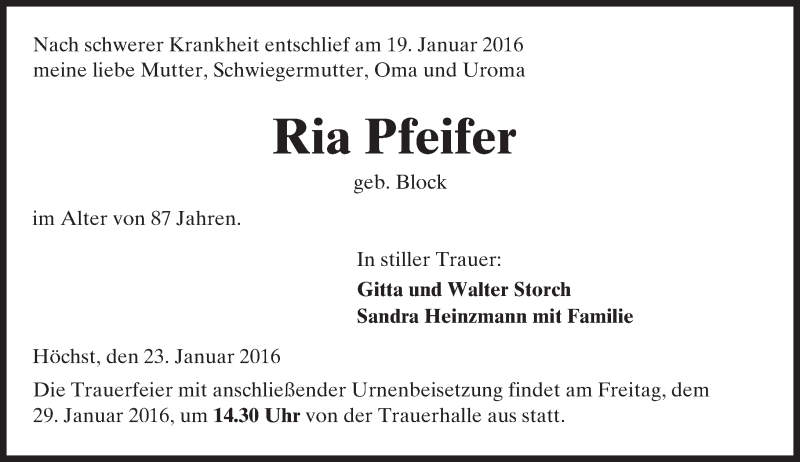  Traueranzeige für Ria Pfeifer vom 23.01.2016 aus  Kreisanzeiger
