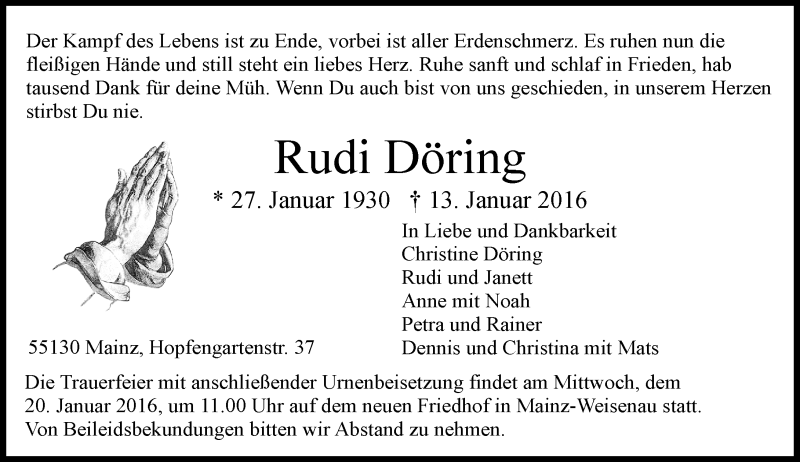  Traueranzeige für Rudi Döring vom 16.01.2016 aus  Allgemeine Zeitung Mainz