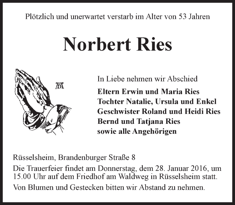 Traueranzeige für Norbert Ries vom 23.01.2016 aus  Mainspitze
