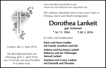 Traueranzeige von Dorothea Lankeit von  Kreisanzeiger