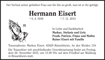 Traueranzeige von Hermann Eisert von  Mainspitze