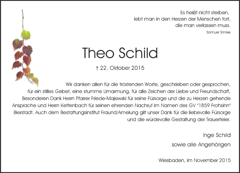  Traueranzeige für Theo Schild vom 14.11.2015 aus  Wiesbaden komplett