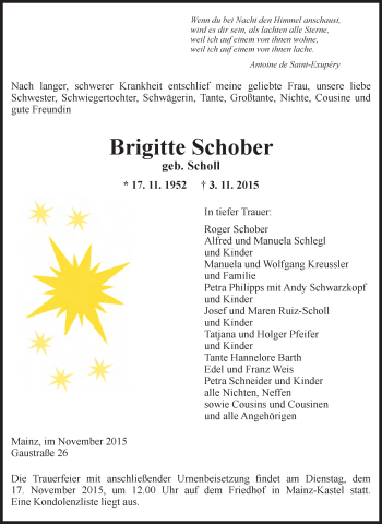 Traueranzeige von Brigitte Schober von  Allgemeine Zeitung Mainz