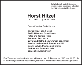 Traueranzeige von Horst Hitzel von  Wiesbaden komplett