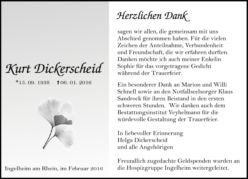  Traueranzeige für Kurt Dickerscheid vom 06.02.2016 aus  Allgemeine  Zeitung Ingelheim-Bingen