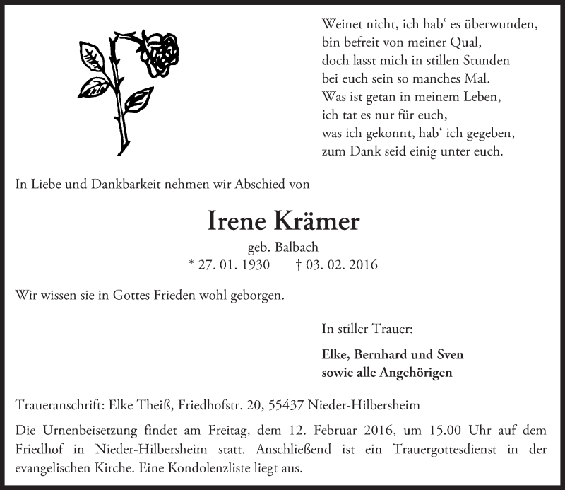  Traueranzeige für Irene Krämer vom 06.02.2016 aus  Allgemeine  Zeitung Ingelheim-Bingen