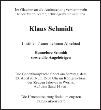 Traueranzeige von Klaus Schmidt von  Wormser Zeitung