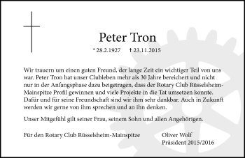 Traueranzeige von Peter Tron von  Mainspitze