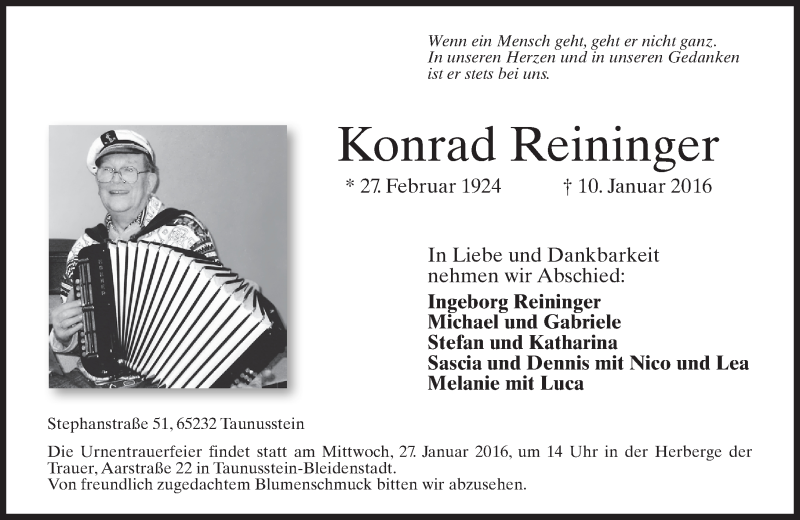  Traueranzeige für Konrad Reininger vom 23.01.2016 aus  Wiesbaden komplett