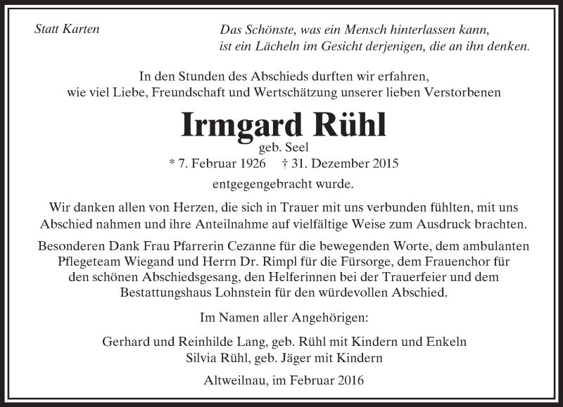  Traueranzeige für Irmgard Rühl vom 06.02.2016 aus  Usinger Anzeiger