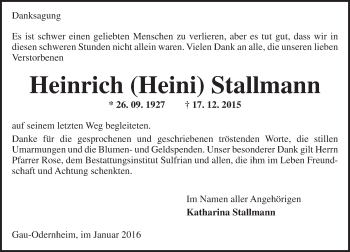 Traueranzeige von Heinrich  Stallmann von  Allgemeine Zeitung Alzey