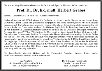 Traueranzeige von Herbert Grabes von  Gießener Anzeiger