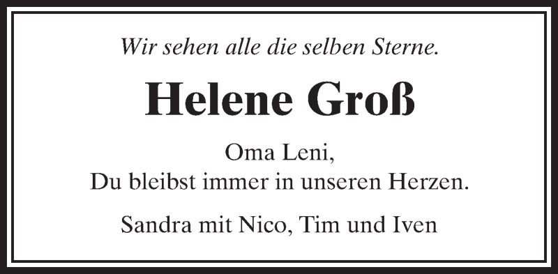  Traueranzeige für Helene Groß vom 04.03.2016 aus  Usinger Anzeiger