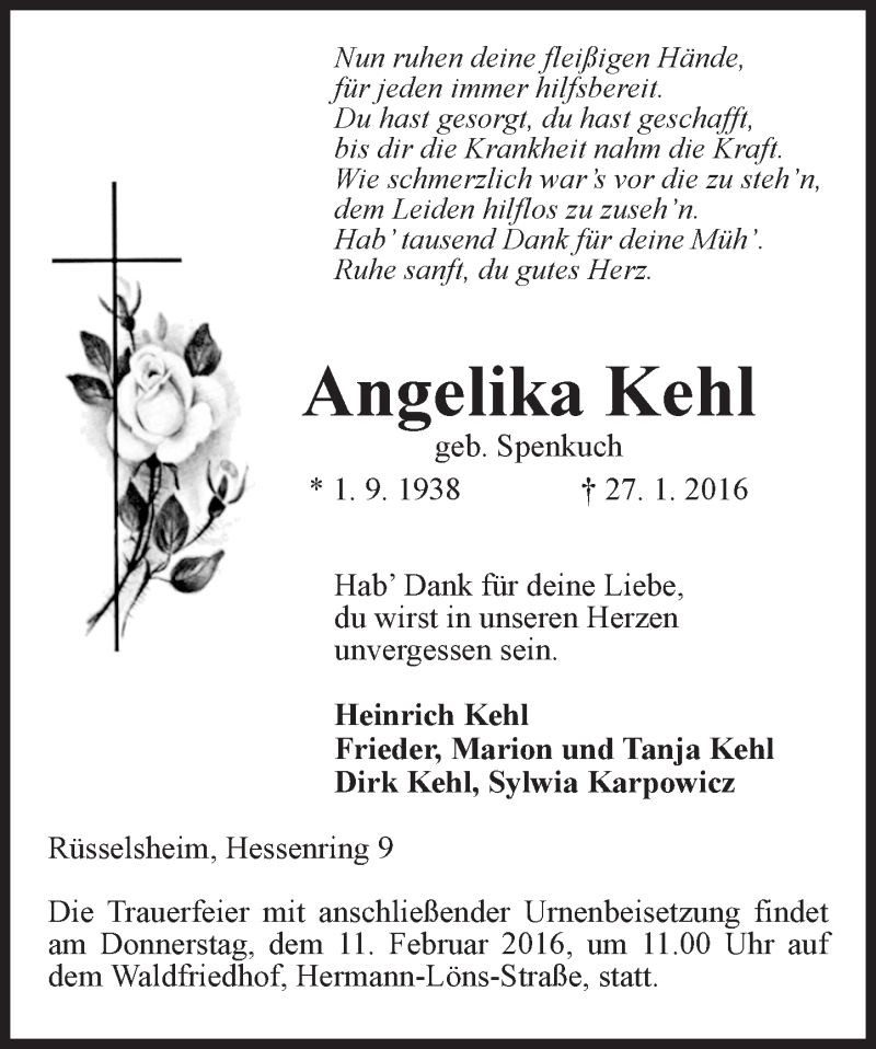  Traueranzeige für Angelika Kehl vom 06.02.2016 aus  Mainspitze